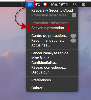 Activer la protection depuis le menu contextuel de Kaspersky Security Cloud 19 for Mac