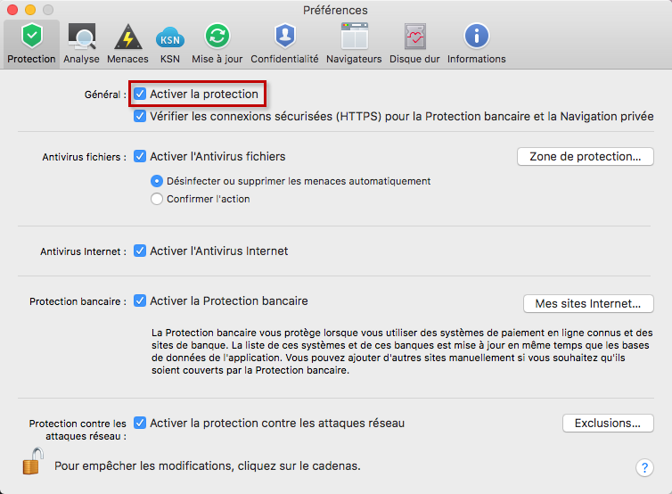 Activer la protection depuis les préférences de Kaspersky Security Cloud 19 for Mac
