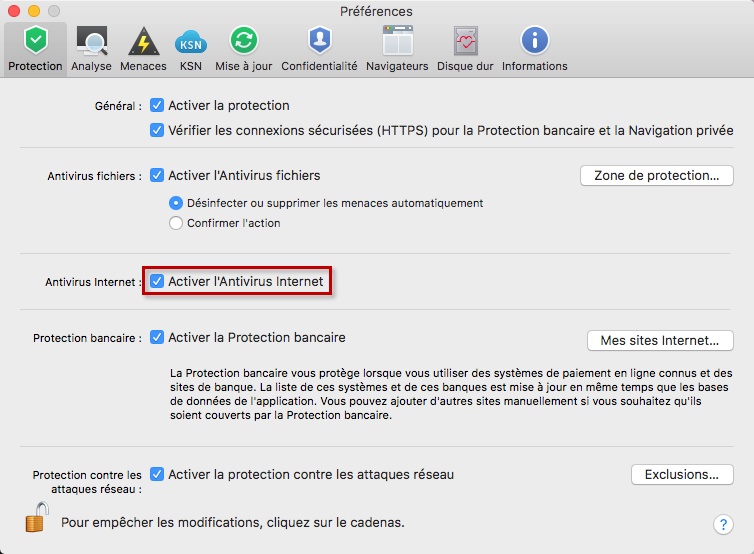 Activer l'Antivirus Internet dans Kaspersky Security Cloud 19 for Mac