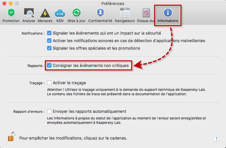 Activer l'enregistrement des événements non critiques dans Kaspersky Security Cloud 19 for Mac 