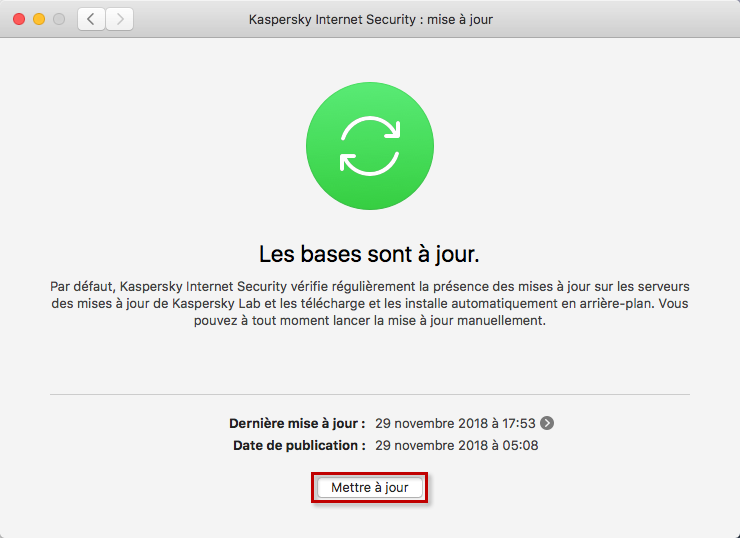 Lancer la mise à jour des bases de données antivirus de Kaspersky Internet Security 19 for Mac via l'interface de l'application