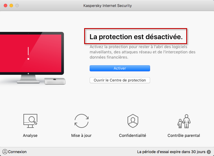 Message « La protection est désactivée » dans la fenêtre principale de Kaspersky Internet Security 19 for Mac