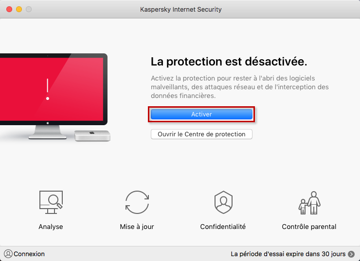 Activer la protection depuis la fenêtre principale de Kaspersky Internet Security 19 for Mac