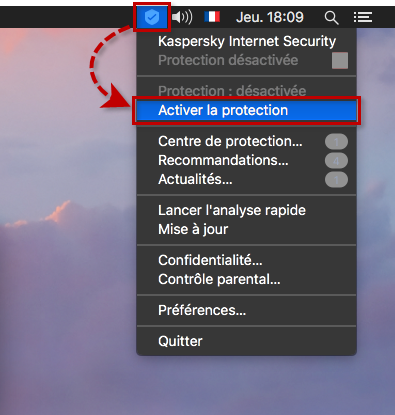 Activer la protection depuis le menu contextuel de Kaspersky Internet Security 19 for Mac