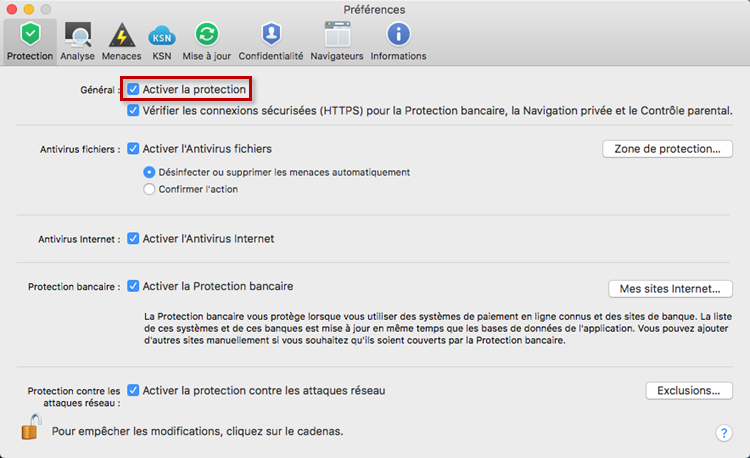Activer la protection depuis les préférences de Kaspersky Internet Security 19 for Mac