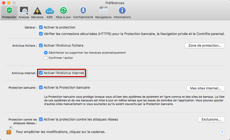 Activer l'Antivirus Internet dans Kaspersky Internet Security 19 for Mac
