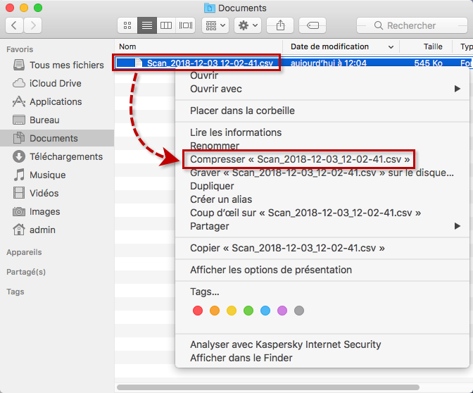 Compresser le rapport d'analyse dans Kaspersky Internet Security 19 for Mac
