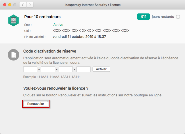 Passer à l'achat d'un code d'activation pour le renouvellement de la licence de Kaspersky Internet Security 19 for Mac