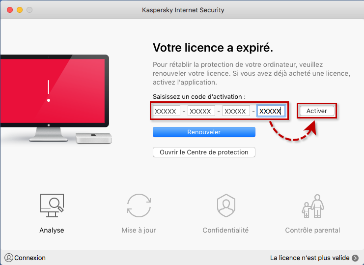 Saisir le code d'activation pour le renouvellement de la licence de Kaspersky Internet Security 19 for Mac