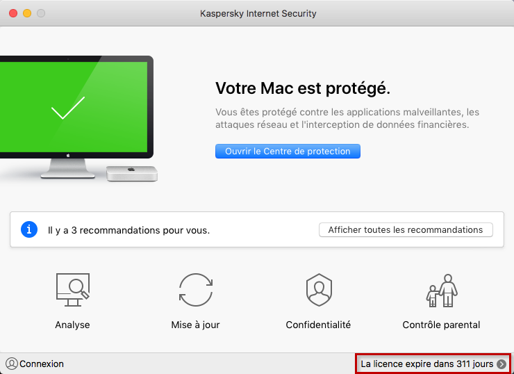 Accéder aux informations sur la licence dans Kaspersky Internet Security 19 for Mac