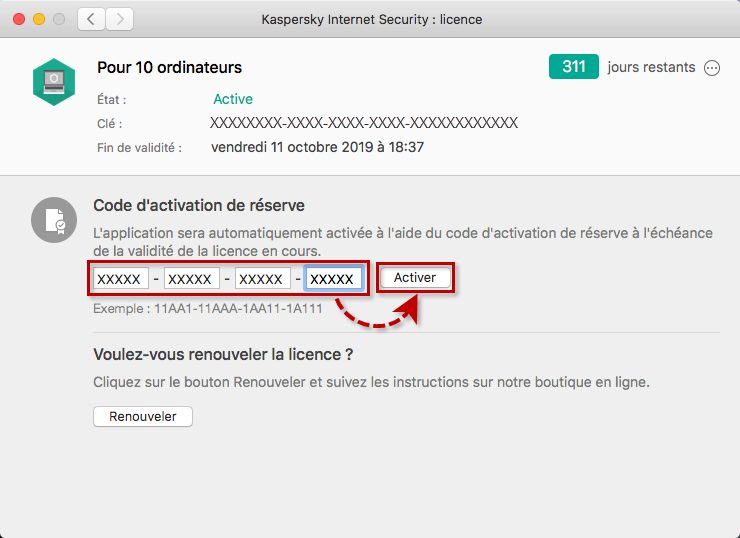 Ajouter un code d'activation de réserve dans Kaspersky Internet Security 19 for Mac