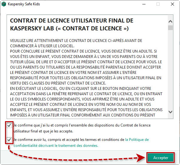 Accepter le Contrat de licence et la Politique de confidentialité de Kaspersky