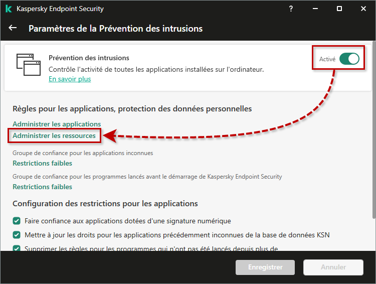 Accéder aux paramètres du contrôle de l'activité des applications et des ressources protégées dans Kaspersky Endpoint Security for Windows