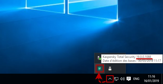Consulter le numéro de version dans le menu contextuel de l'icône de Kaspersky Total Security dans la barre de tâches