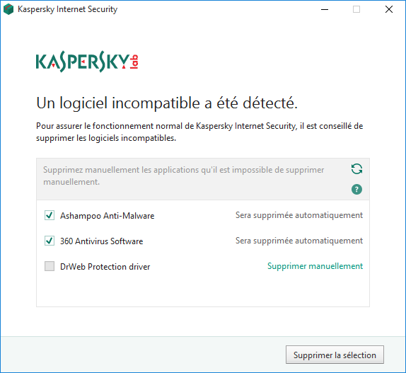Un logiciel incompatible a été détecté lors de l'installation de Kaspersky Internet Security 19