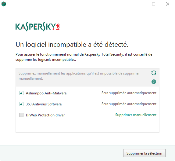 Un logiciel incompatible a été détecté lors de l'installation de Kaspersky Total Security 19