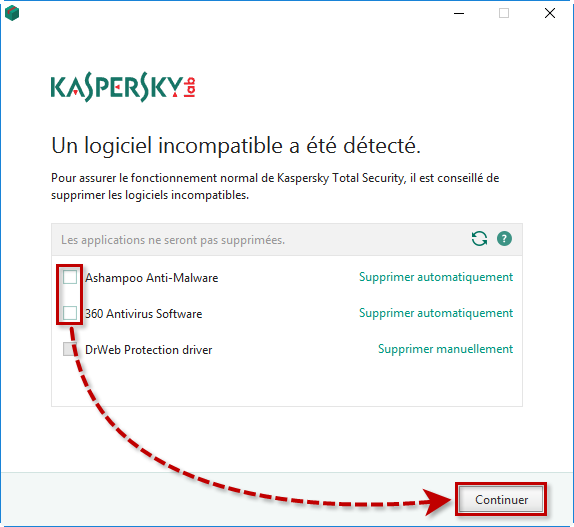Garder les logiciels incompatibles lors de l'installation de Kaspersky Total Security 19