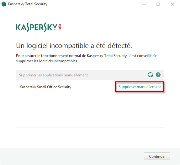 Supprimer manuellement des applications de Kaspersky Lab incompatibles lors de l'installation de Kaspersky Total Security 19