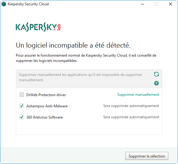 Un logiciel incompatible a été détecté lors de l'installation de Kaspersky Security Cloud 19