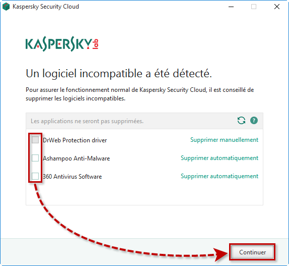 Garder les logiciels incompatibles lors de l'installation de Kaspersky Security Cloud19