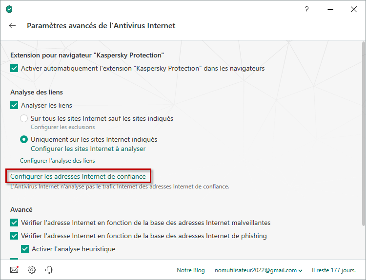 Configurer les adresses Internet de confiance dans Kaspersky Internet Security 19