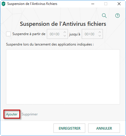 Ajouter une application qui nécessite la suspension de l'Antivirus fichiers dans Kaspersky Total Security 19