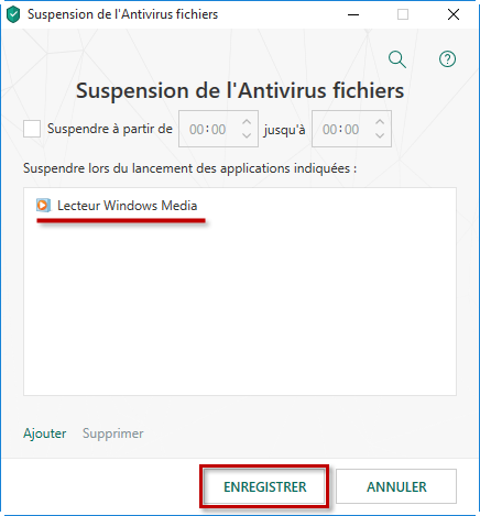 Ajouter une application au lancement de laquelle l'Antivirus fichiers sera suspendu dans Kaspersky Total Security 19