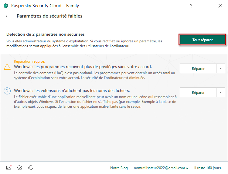 Réparer tous les paramètres de sécurité faibles détectés dans Kaspersky Security Cloud 19