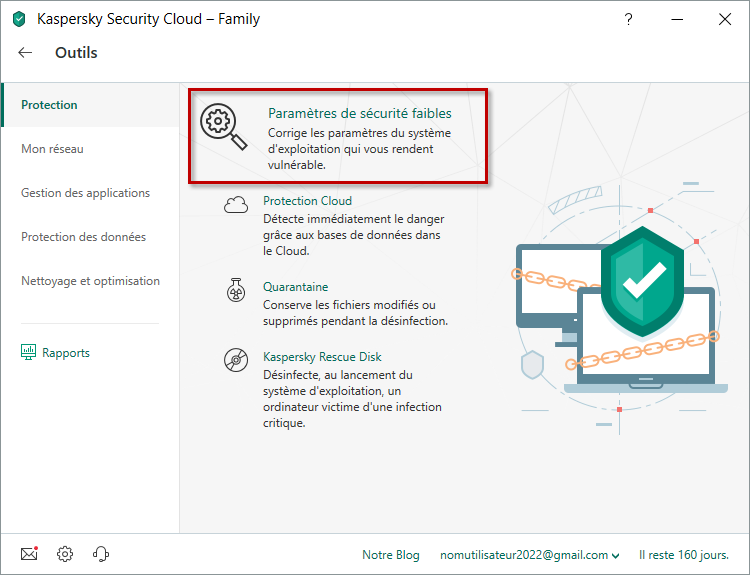 Accéder aux paramètres de sécurité faibles dans Kaspersky Security Cloud 19