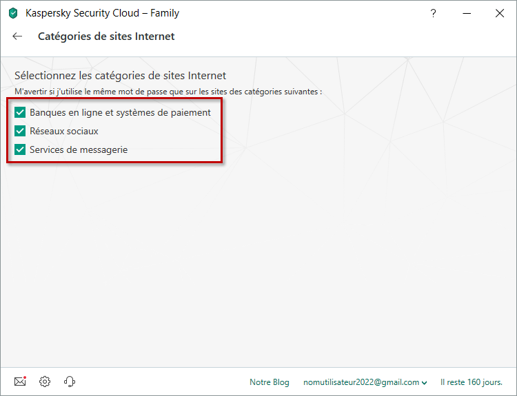 Sélectionner les catégories de sites Internet pour la vérification des mots de passe identiques dans Kaspersky Security Cloud 19
