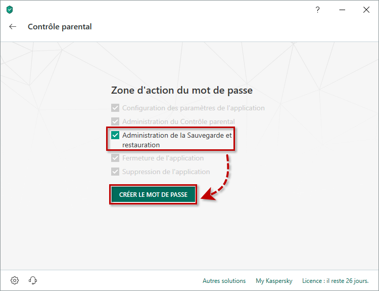 Définir la zone d'action du mot de passe dans Kaspersky Total Security 19
