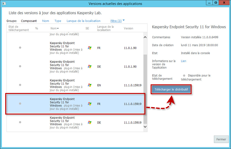Sélectionner le plugin de Kaspersky Endpoint Security 11.x for Windows à installer 