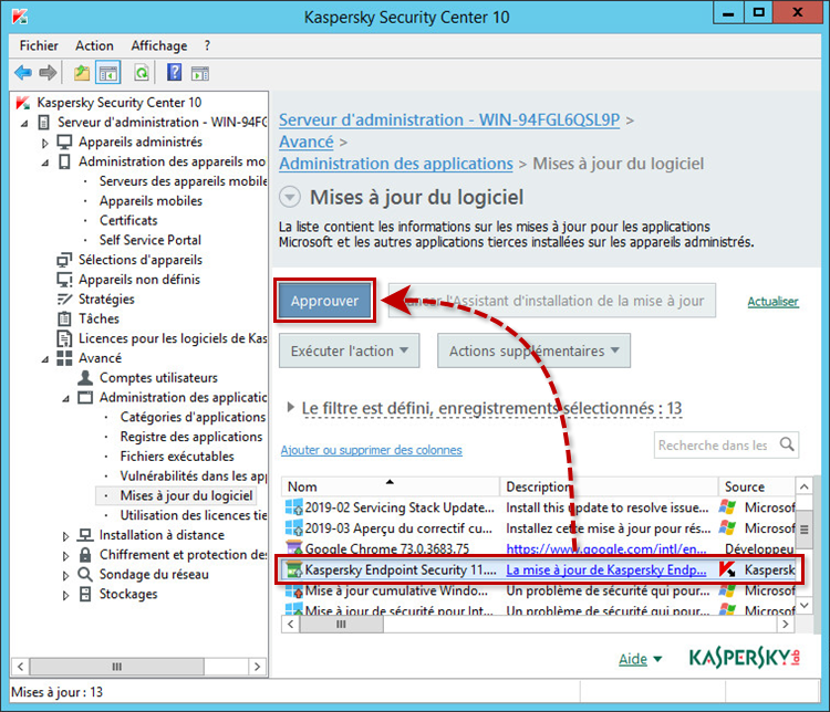 Approuver la mise à jour dans Kaspersky Security Center 10