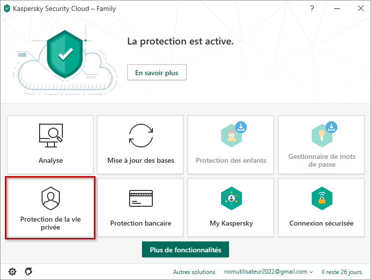 Accéder à la Protection de la vie privée dans Kaspersky Security Cloud 20