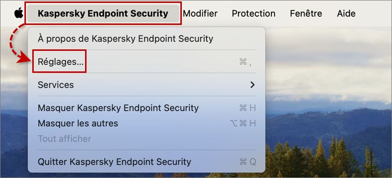 Accéder aux préférences dans Kaspersky Endpoint Security 12 for Mac.