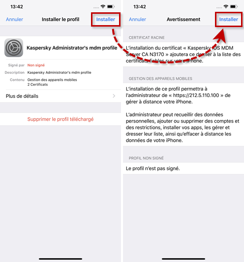 Installer le profil MDM sur un appareil iOS