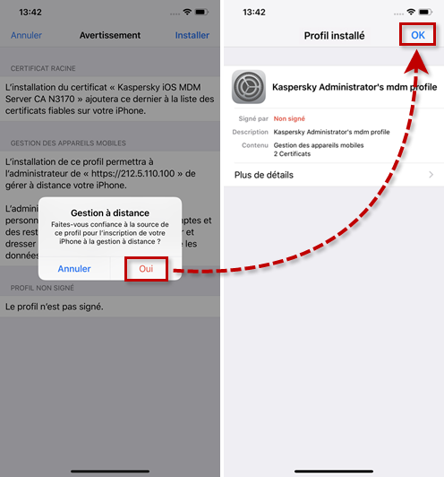 Terminer l'installation du profil MDM sur un appareil iOS