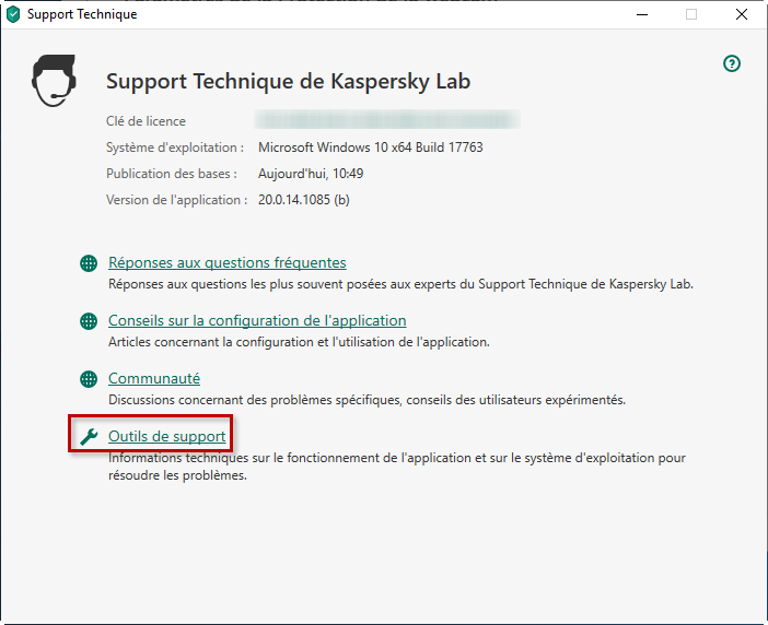Accéder aux outils de support dans Kaspersky Anti-Virus 20