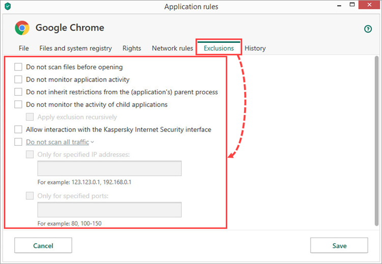 Configurer les règles sous l'onglet Exclusions dans Kaspersky Internet Security 20