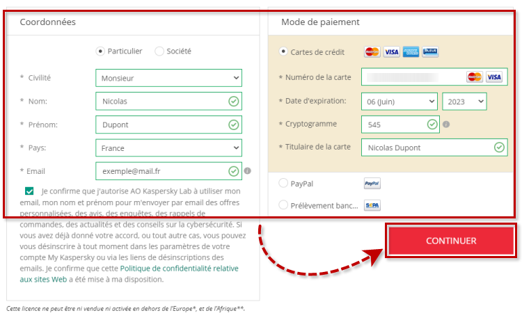 Remplir le formulaire avec vos coordonnées et sélectionner le mode de paiement lors de l'achat de Kaspersky Internet Security 20