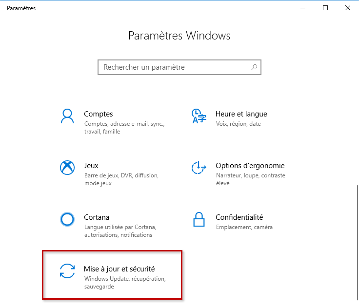 Accéder aux paramètres de la mise à jour et sécurité dans Windows 10.