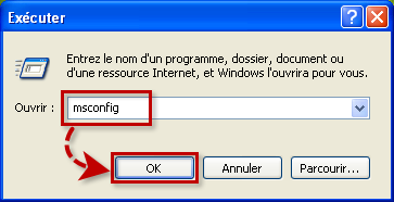Entrer la commande msconfig dans Windows XP