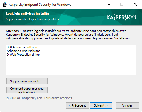 Message sur un logiciel incompatible détecté lors de l'installation de Kaspersky Endpoint Security 11.x for Windows