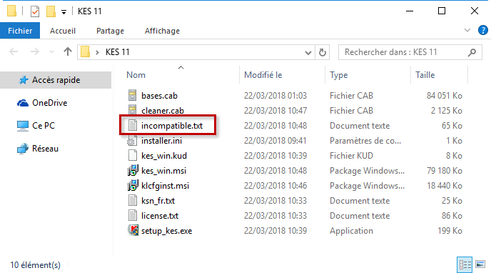 Emplacement du fichier incompatible.txt de Kaspersky Endpoint Security 11.x for Windows 