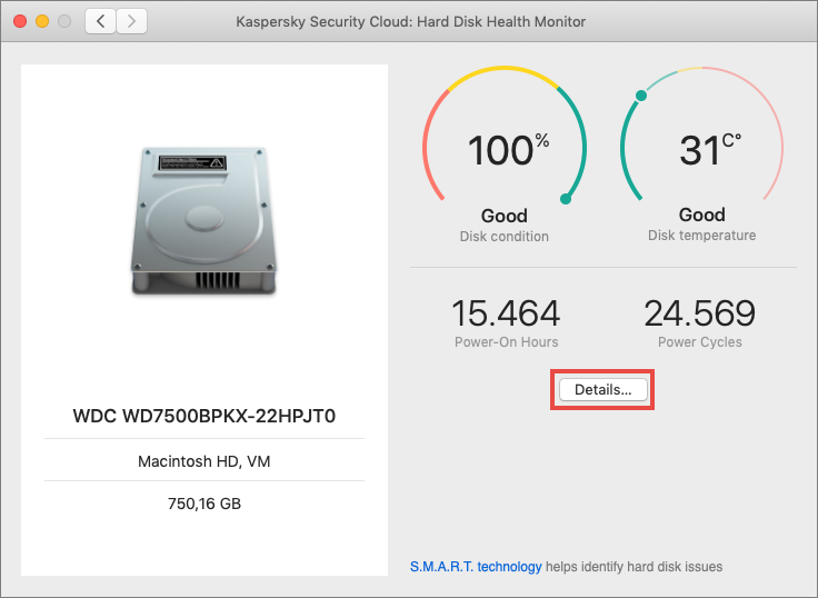 Moniteur de santé du disque dur dans Kaspersky Security Cloud 20 for Mac