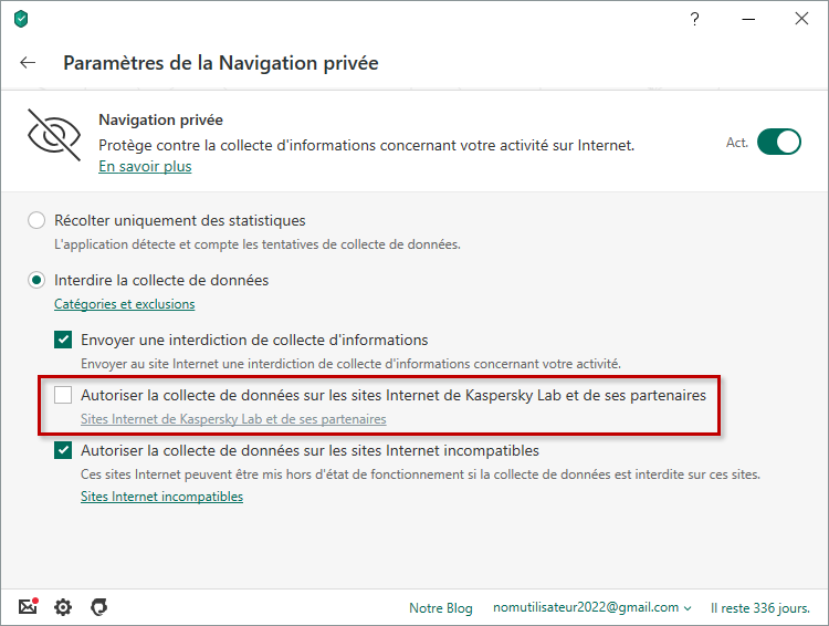 Interdire la collecte de données sur les sites de Kaspersky et de ses partenaires à l'aide de Kaspersky Total Security 20