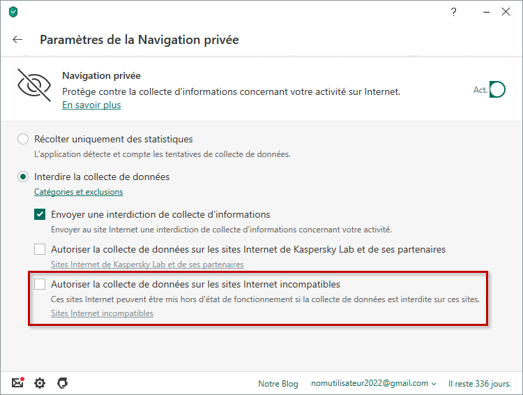 Interdire la collecte de données sur les sites Internet incompatibles à l’aide de Kaspersky Total Security 20