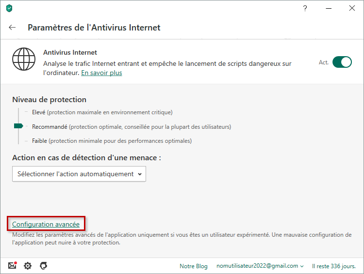 Passer aux paramètres avancés de l'Antivirus Internet dans Kaspersky Total Security 20