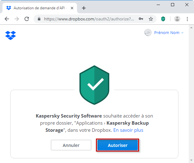 Autoriser l'accès de Kaspersky Security Software à Dropbox