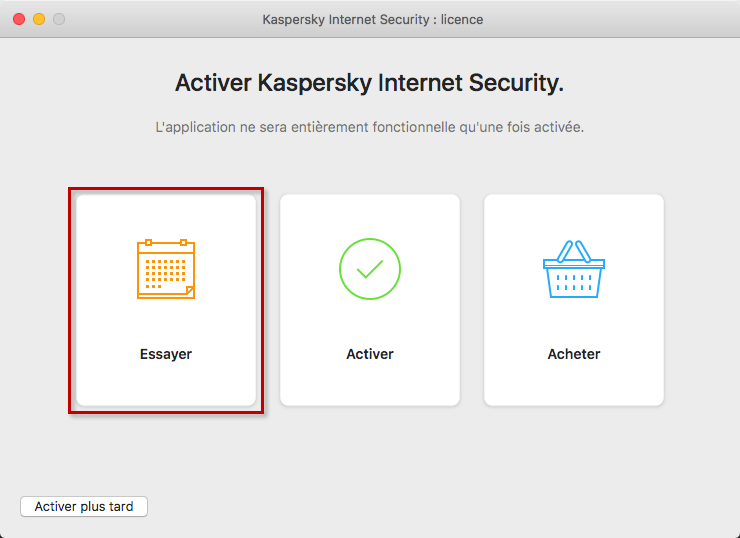 Accéder à l'activation de la version dévaluation dans Kaspersky Internet Security 20 for Mac